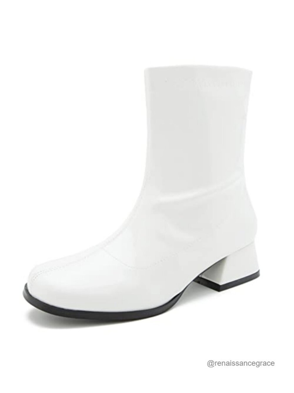 Women's Mid Calf Gogo Boots, Square Toe, Low Block Heel, Side Zipper, Faux